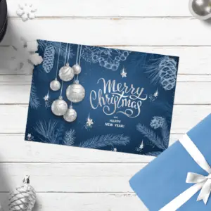 Kerstkaartje Blauw met Kerstballen