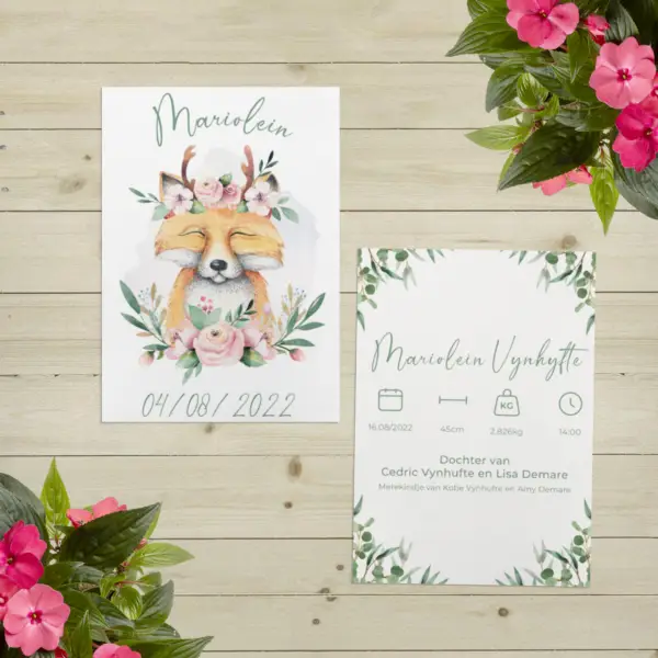 Geboortekaartje Vos met Bloemenkrans