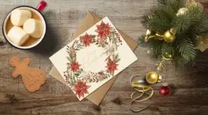 christmas themed holiday greeting card with a kraft envelope top view mockup template 655b35eba2064af79c46c225@2x