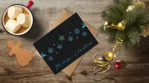 christmas themed holiday greeting card with a kraft envelope top view mockup template 655b3ad2a2064af79c46c78b@2x