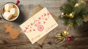 christmas themed holiday greeting card with a kraft envelope top view mockup template 655b3b22a2064af79c46c834@2x
