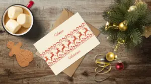 christmas themed holiday greeting card with a kraft envelope top view mockup template 655b3c1ca2064af79c46ca02@2x