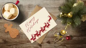 christmas themed holiday greeting card with a kraft envelope top view mockup template 655b3cfba2064af79c46cb29@2x