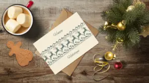 christmas themed holiday greeting card with a kraft envelope top view mockup template 655b3d75a2064af79c46cbd2@2x