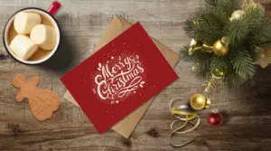 christmas themed holiday greeting card with a kraft envelope top view mockup template 655b3f4ea2064af79c46ce1f@2x