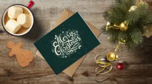 christmas themed holiday greeting card with a kraft envelope top view mockup template 655b3fa6a2064af79c46cec7@2x